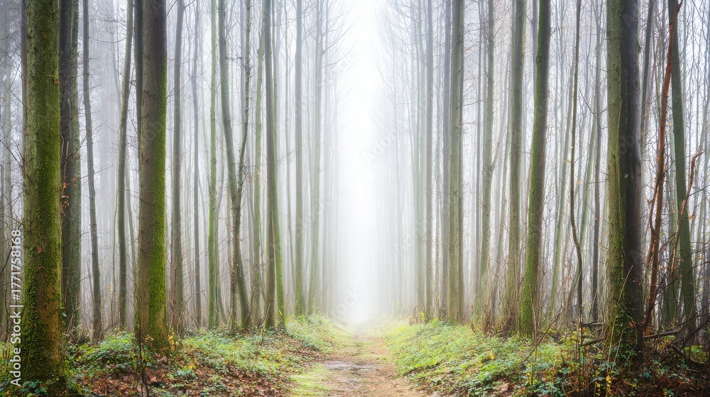 Fototapeta premium vanishing. Misty forest path with straight tree trunks leading into the distant fog. travel magazines, destination branding, designed for travel destination branding, used by event planners.