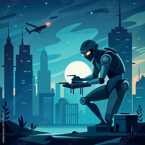 Silhouette of a humanoid robot repairing a flying drone under city lights