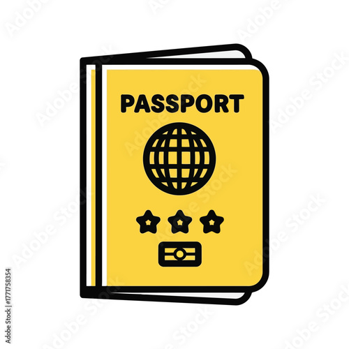 A yellow passport with a globe and stars icon illustration