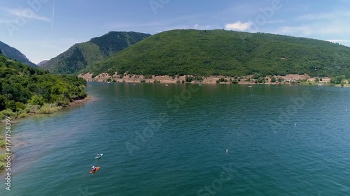 Aerial view of paddleboarding at Pineview Lake in the summer