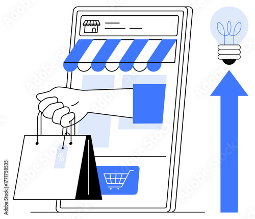 Smartphone with storefront graphic, hand holding shopping bags, upward arrow, and bulb. Ideal for e-commerce, innovation, mobile shopping, digital growth retail convenience marketing. Clean flat
