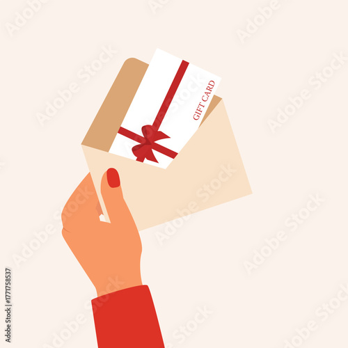 Human hand holding  gift card envelope. Shopping discount certificate for customers. Celebrating valentine's day, Mother's day, Women's day Or Birthday, Gift card voucher. Vector illustration