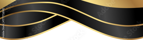 Luxury black and gold foil corner border with elegant metallic golden flow accent, smooth curve and ribbon trim for premium packaging, invitations, labels and background designs.