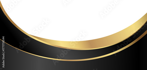 Luxury black and gold foil corner border with elegant metallic soft gold curve, smooth curve and ribbon trim for premium packaging, invitations, labels and background designs.
