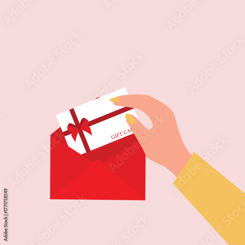 Human hand holding  gift card envelope. Shopping discount certificate for customers. Celebrating valentine's day, Mother's day, Women's day Or Birthday, Gift card voucher. Vector illustration