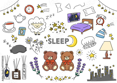 睡眠関係の手描きイラストセット