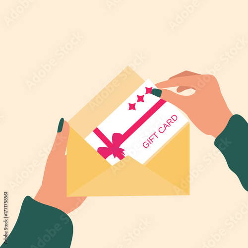 Human hand holding  gift card envelope. Shopping discount certificate for customers. Celebrating valentine's day, Mother's day, Women's day Or Birthday, Gift card voucher. Vector illustration
