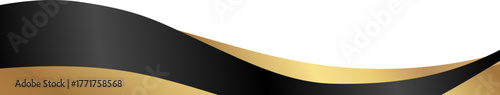 Luxury black and gold foil corner border with elegant metallic black gold arc trim, smooth curve and ribbon trim for premium packaging, invitations, labels and background designs.