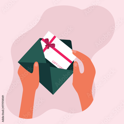 Human hand holding  gift card envelope. Shopping discount certificate for customers. Celebrating valentine's day, Mother's day, Women's day Or Birthday, Gift card voucher. Vector illustration