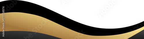 Luxury black and gold foil corner border with elegant metallic minimal ribbon sweep, smooth curve and ribbon trim for premium packaging, invitations, labels and background designs.