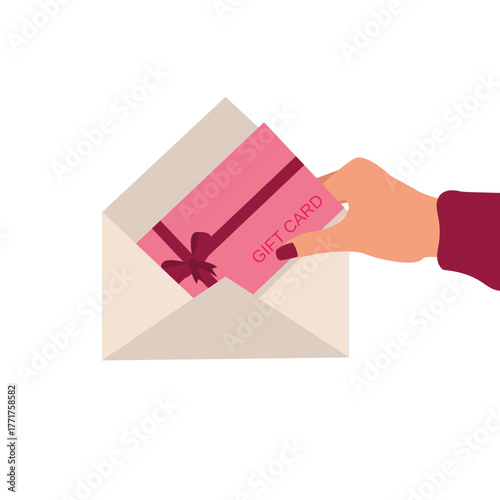 Human hand holding  gift card envelope. Shopping discount certificate for customers. Celebrating valentine's day, Mother's day, Women's day Or Birthday, Gift card voucher. Vector illustration