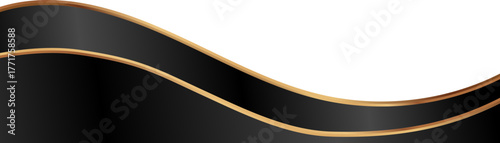 Luxury black and gold foil corner border with elegant metallic sharp curve edge, smooth curve and ribbon trim for premium packaging, invitations, labels and background designs.