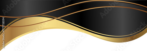 Luxury black and gold foil corner border with elegant metallic polished gold border, smooth curve and ribbon trim for premium packaging, invitations, labels and background designs.