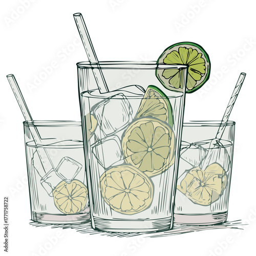 hand drawn black line illustration of glasses of vodka lime sodas with ice cubes