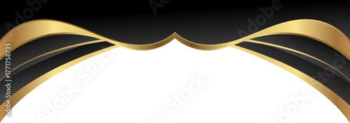 Luxury black and gold foil corner border with elegant metallic black silk fold, smooth curve and ribbon trim for premium packaging, invitations, labels and background designs.