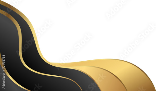 Luxury black and gold foil corner border with elegant metallic ornate gold edge, smooth curve and ribbon trim for premium packaging, invitations, labels and background designs.