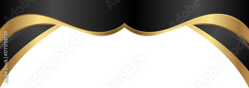 Luxury black and gold foil corner border with elegant metallic luminous corner arc, smooth curve and ribbon trim for premium packaging, invitations, labels and background designs.