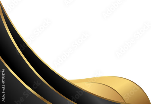 Luxury black and gold foil corner border with elegant metallic modern gold trim, smooth curve and ribbon trim for premium packaging, invitations, labels and background designs.
