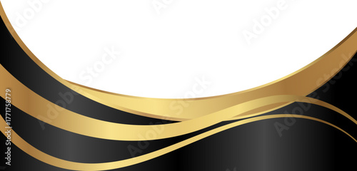 Luxury black and gold foil corner border with elegant metallic midnight ribbon fold, smooth curve and ribbon trim for premium packaging, invitations, labels and background designs.