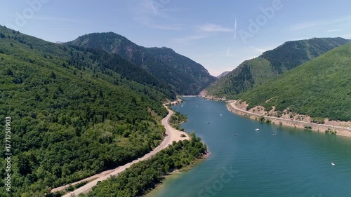 Aerial panorama of Pineview Reservoir and Wasatch Mountains