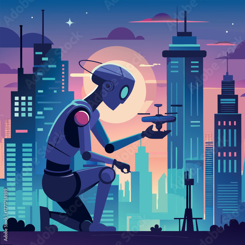 Silhouette of a humanoid robot repairing a flying drone under city lights
