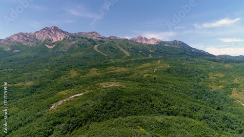 Drone footage of Snowbasin Mountains in summertime