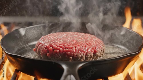 Cooking juicy beef patty on flaming hot skillet