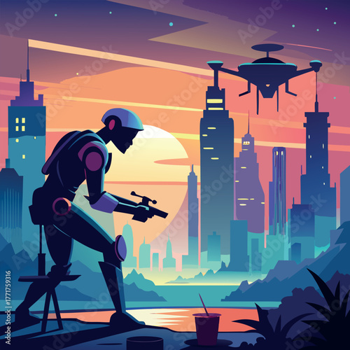 Silhouette of a humanoid robot repairing a flying drone under city lights