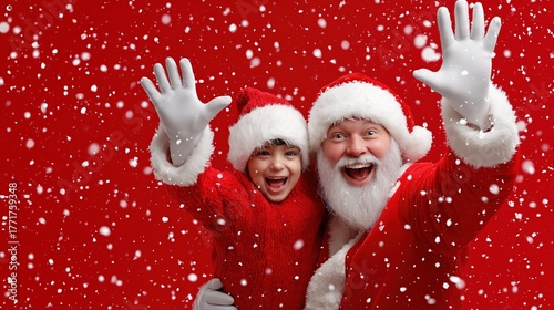 Joyful santa and child celebrating christmas in snowy red wonderland