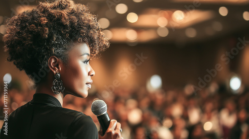 Black businesswoman giving keynote speech at conference, blurred audience, professional lighting