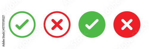 Check mark icons. green check mark and red cross mark icon set. green tick and red x. Symbols of approval and Decline, vector illustration