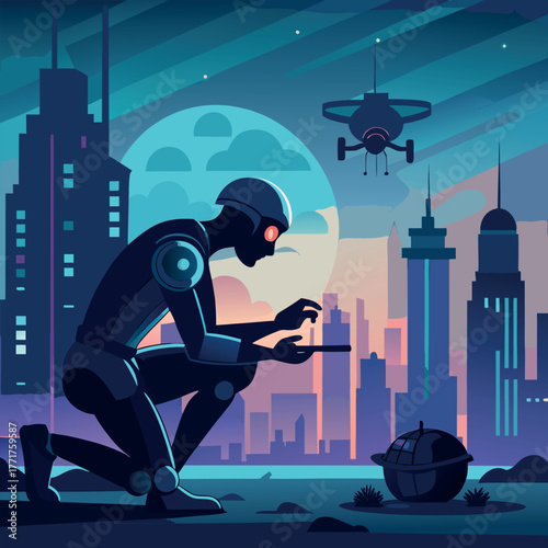 Silhouette of a humanoid robot repairing a flying drone under city lights