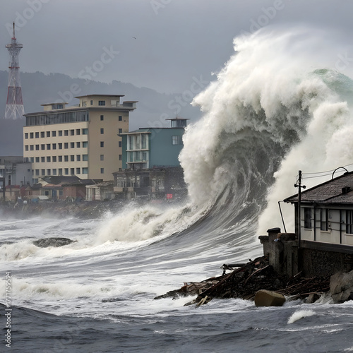 a tsunami wave crashing into the city and damaging