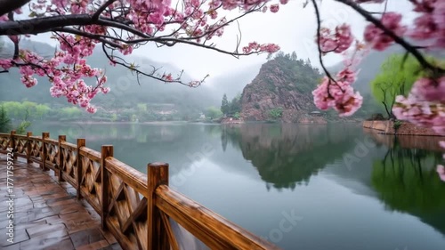 Blossoming cherry tree branches over a calm lake in a serene natural setting