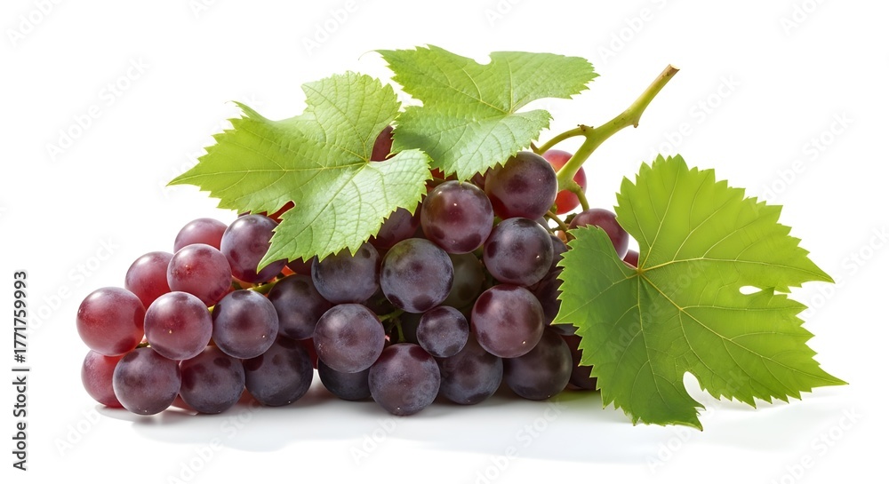 Fototapeta premium A fresh bunch of ripe red grapes with vibrant green leaves, isolated on a clean white background, showcasing natural sweetness and health