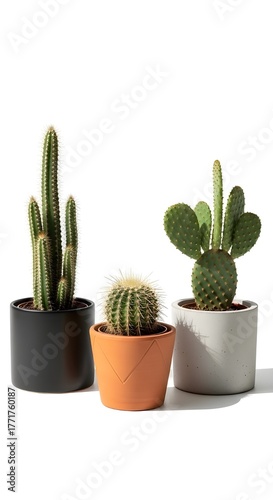Three potted cacti, including a tall columnar cactus, a round ball cactus, and a prickly pear cactus, isolated on a white background