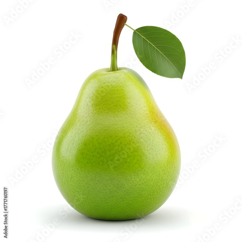 Fresh green pear with a vibrant leaf and stem, perfectly isolated on a clean white background. This healthy, ripe fruit is ideal for culinary concepts and natural food themes