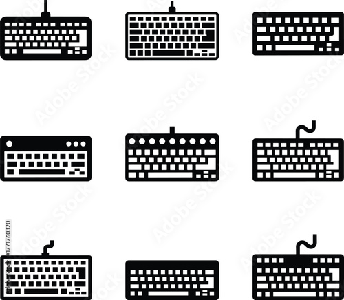 Collection of nine black computer keyboard icons technology