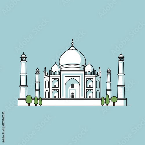 Minimalist Line Art Illustration of the Taj Mahal Monument in India