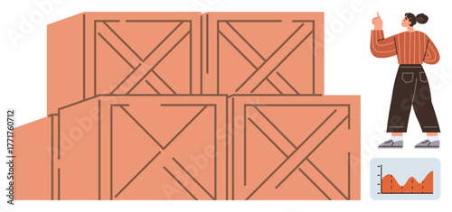 Stacked wooden crates with a woman gesturing towards a chart, representing inventory or logistics management. Ideal for supply chain, warehouse operations, logistics, e-commerce, planning, business