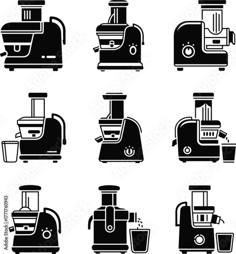 Nine black juicer icons showing different models and functions