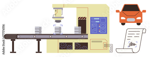 Robotic arm assembling parts on a conveyor, car representation, signed document. Ideal for automation, industry, manufacturing, robotics, engineering production efficiency. Simple flat metaphor