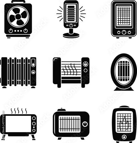 Set of nine black heater icons on white background