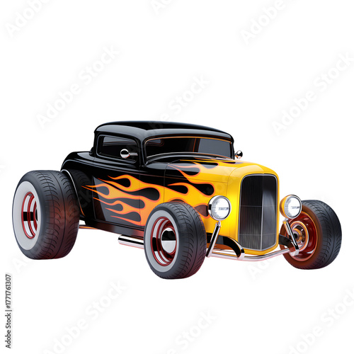 Black coupe hot rod with yellow and orange flame livery, stylized 3D rendering, isolated on transparent background
