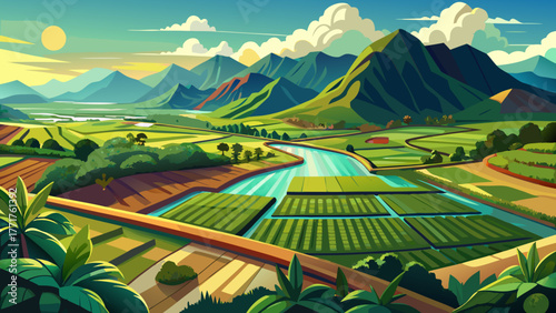 Very beautiful aerial view of Taro Fields in Hanalei, on the island of Kauai, Hawaii, showcasing lush green farmlands, reflective water patches, and surrounding tropical mountains under soft daylight.