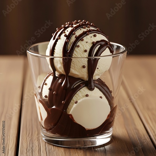 Vanilla ice cream scoops drizzled with chocolate sauce served in a glass on a wooden table, creating a sweet and indulgent dessert presentation.
