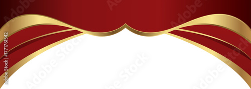 Luxury red and gold foil corner border with elegant metallic scarlet flow arc, featuring a gradient curve and ribbon accent for premium invitations, packaging, labels and graphic templates.