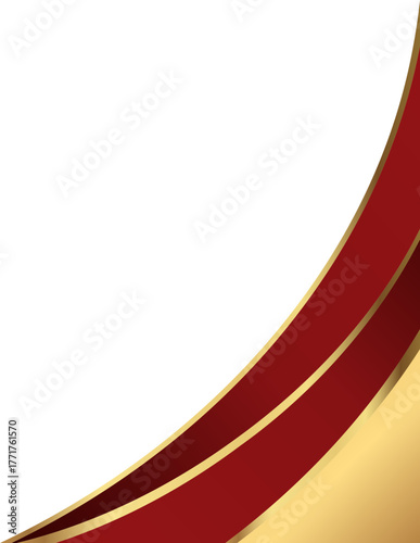Luxury red and gold foil corner border with elegant metallic glossy crimson overlay, featuring a gradient curve and ribbon accent for premium invitations, packaging, labels and graphic templates.