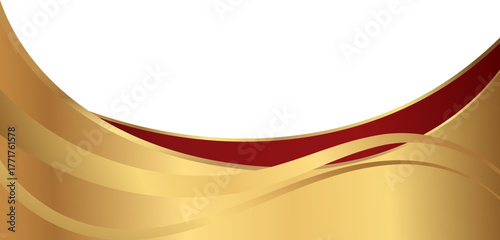 Luxury red and gold foil corner border with elegant metallic flowing red arc, featuring a gradient curve and ribbon accent for premium invitations, packaging, labels and graphic templates.