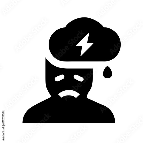 Black glyph icon of a person with a sad face and a storm cloud above their head, containing a lightning bolt and rain, symbolizing stress, depression, anxiety, or bad mood.
